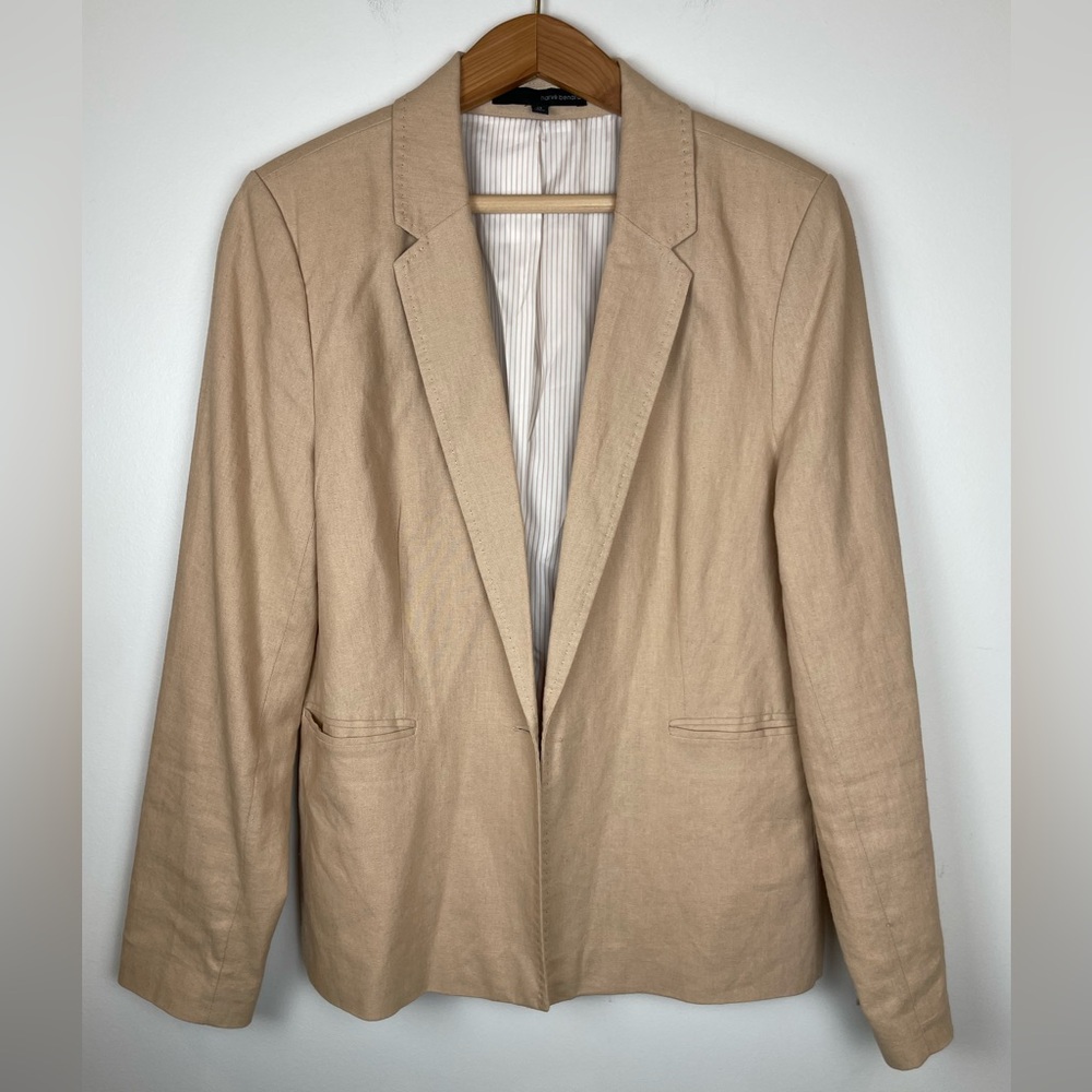 Harve Bernard Linen Blend Blazer Tan Beige Tailored Jacket Size 12 Spring Coat